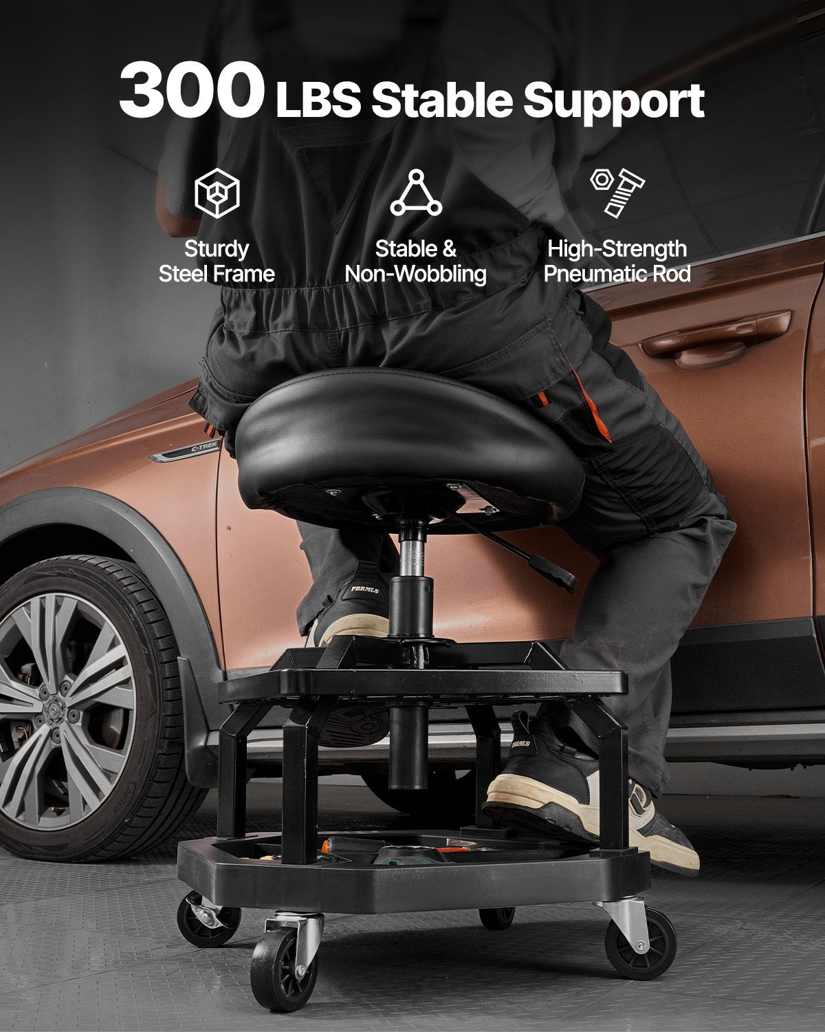 VEVOR Rolling Shop Stool, Pneumatic Garage Seat/Work Stool with 300 lbs Capacity, Adjustable Height Roller Creeper Seat, 360° Swivel Padded Workshop Stool with Casters, for Garage, Shop & Auto Repair