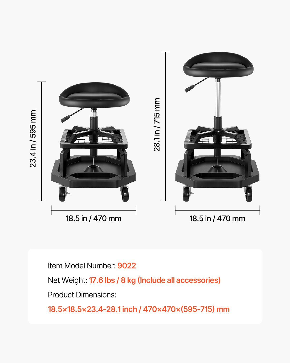 VEVOR Rolling Shop Stool, Pneumatic Garage Seat/Work Stool with 300 lbs Capacity, Adjustable Height Roller Creeper Seat, 360° Swivel Padded Workshop Stool with Casters, for Garage, Shop & Auto Repair