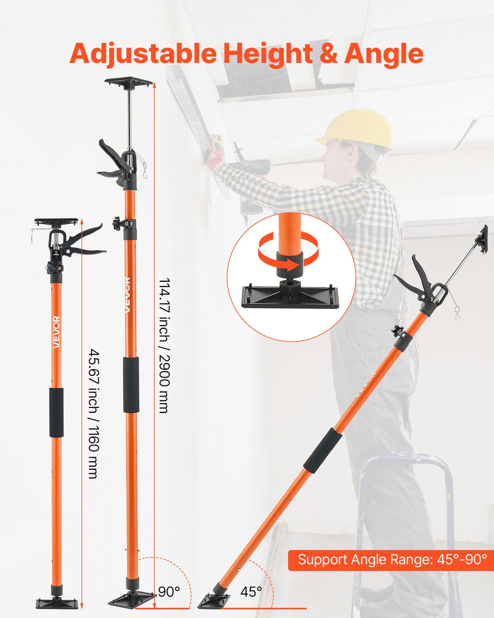 VEVOR Cabinet Jack Support Pole, 2-Pack, 116-290 cm Steel Telescopic Quick Support Rod, Adjustable 3rd Hand System up to 70 kg Capacity for Installing Cabinets, Lifting Drywall, Cargo Bars