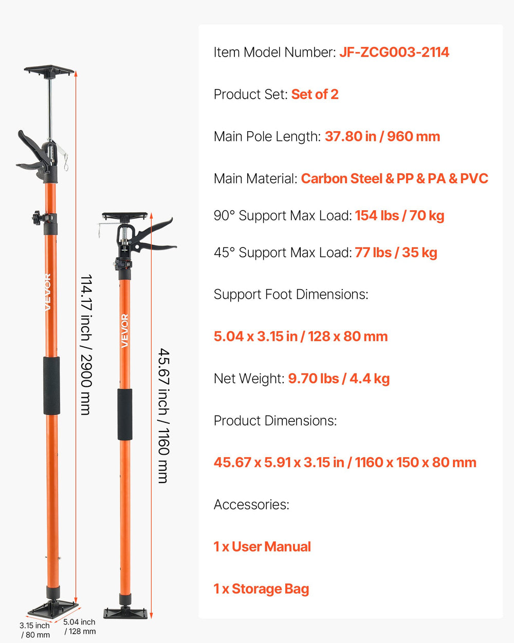 VEVOR Cabinet Jack Support Pole, 2-Pack, 116-290 cm Steel Telescopic Quick Support Rod, Adjustable 3rd Hand System up to 70 kg Capacity for Installing Cabinets, Lifting Drywall, Cargo Bars