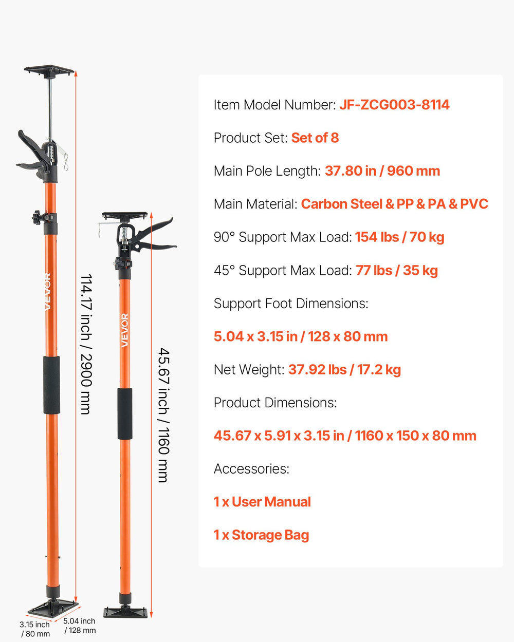 VEVOR Cabinet Jack Support Pole, 8-Pack, 116-290 cm Steel Telescopic Quick Support Rod, Adjustable 3rd Hand System up to 70 kg Capacity for Installing Cabinets, Lifting Drywall, Cargo Bars