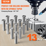 VEVOR 13 pcs Precision R8 Collet Set, 1/8" - 7/8", 45# Mill Collet Chuck 0.0012"/30μm TIR with 13 Labeled Storage Boxes, for Milling Machine Drill Presses Boring Machine Machining Center