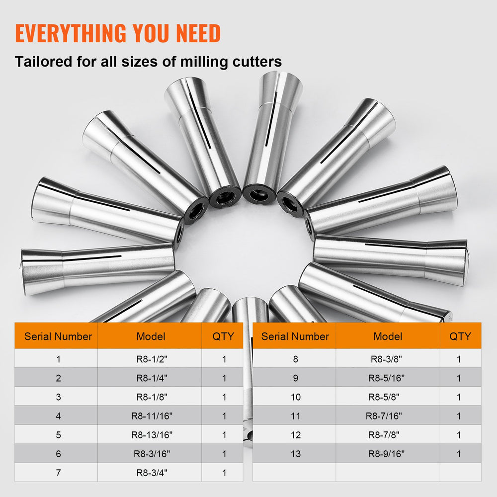 VEVOR 13 pcs Precision R8 Collet Set, 1/8" - 7/8", 45# Mill Collet Chuck 0.0012"/30μm TIR with 13 Labeled Storage Boxes, for Milling Machine Drill Presses Boring Machine Machining Center