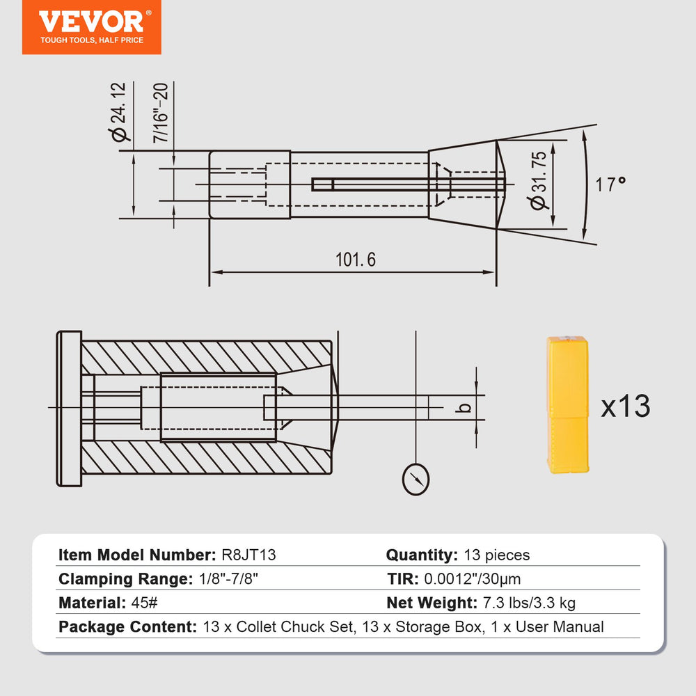 VEVOR 13 pcs Precision R8 Collet Set, 1/8" - 7/8", 45# Mill Collet Chuck 0.0012"/30μm TIR with 13 Labeled Storage Boxes, for Milling Machine Drill Presses Boring Machine Machining Center