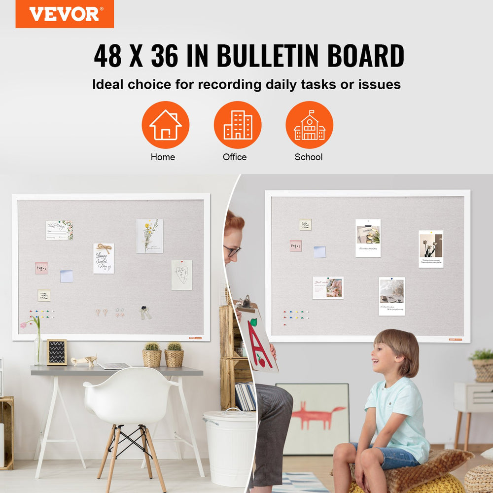 VEVOR 48"x36" White Cork Board with Linen Surface – Stylish Wall-Mounted Bulletin Board for Home, School, Office – Elegant & Functional Noticeboard