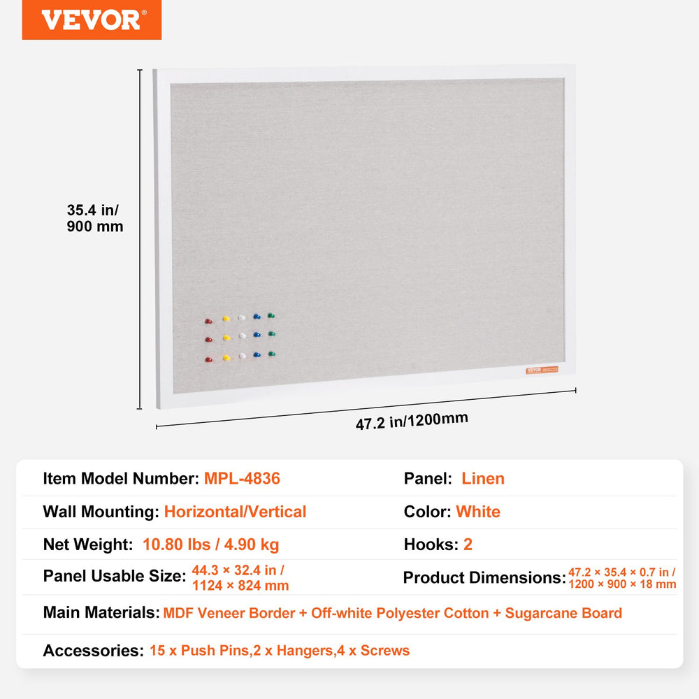 VEVOR 48"x36" White Cork Board with Linen Surface – Stylish Wall-Mounted Bulletin Board for Home, School, Office – Elegant & Functional Noticeboard