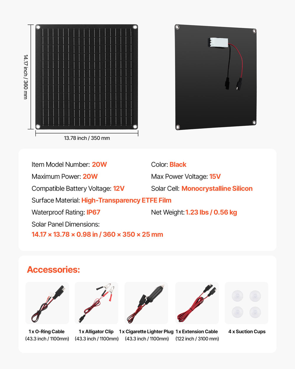 VEVOR 20W 12V Solar Panel Battery Charger, Solar Battery Trickle Charger Maintainer with Built-in Smart Controller & 3 Connection Cables, IP67 Waterproof Portable for RV Car Motorcycle Boat Van Camper