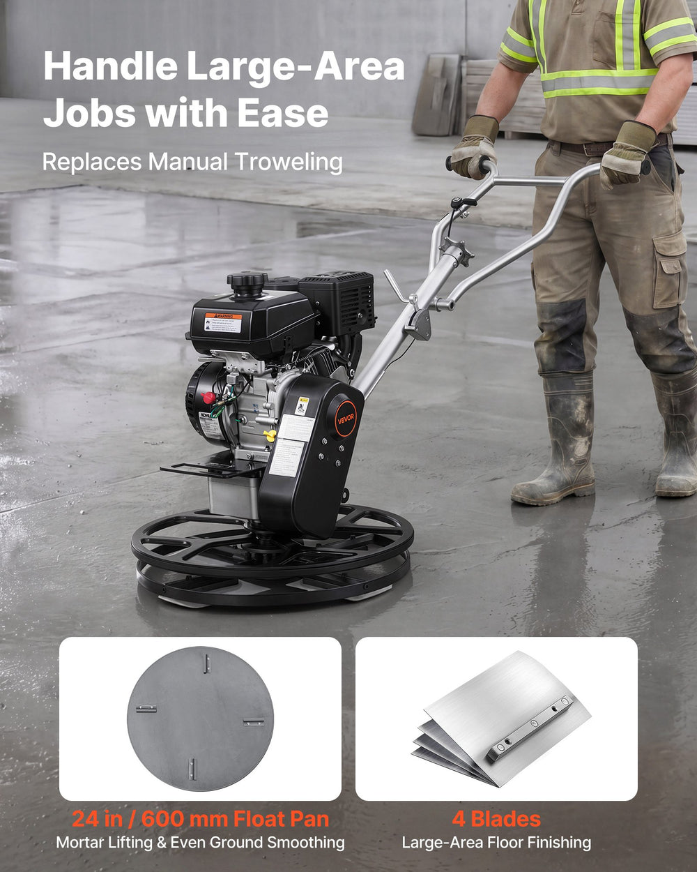 VEVOR Power Trowel, 610 mm Concrete Finishing Machine with Float Pan, 7HP Kohler Engine, 4 Blades, Adjustable Pitch, Gas-Powered Walk-Behind Cement Surface Finisher for Smooth Floors, Construction