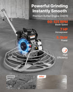 VEVOR Power Trowel, 950 mm Concrete Finishing Machine with Float Pan, 7HP Kohler Engine, 4 Blades, Adjustable Pitch, Gas-Powered Walk-Behind Cement Surface Finisher for Smooth Floors, Construction