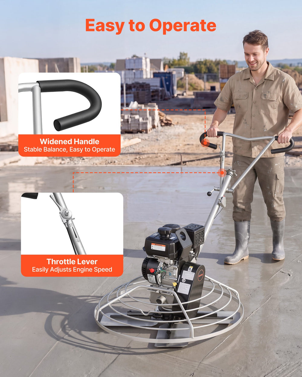 VEVOR Power Trowel, 950 mm Concrete Finishing Machine with Float Pan, 7HP Kohler Engine, 4 Blades, Adjustable Pitch, Gas-Powered Walk-Behind Cement Surface Finisher for Smooth Floors, Construction