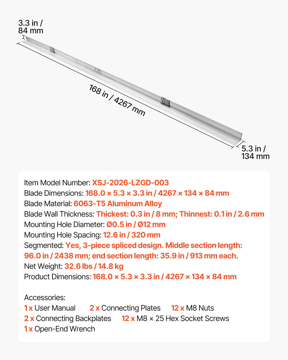 VEVOR Concrete Screed Blade 4267 mm Aluminum Alloy Board Leveling Tool, 5.3 in Wide Straight Edge, Wide Coverage, Replacement Surface Leveler for Driveway, Patio, Sidewalk, Garage Floor Finishing