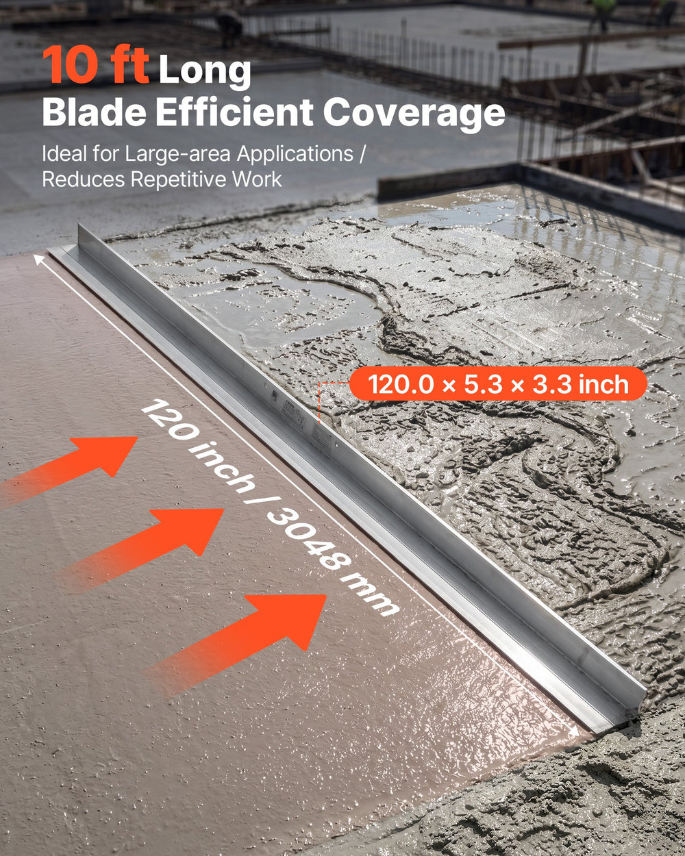 VEVOR Concrete Screed Blade 3048 mm Aluminum Alloy Board Leveling Tool, 5.3 in Wide Straight Edge, Wide Coverage, Replacement Surface Leveler for Driveway, Patio, Sidewalk, Garage Floor Finishing