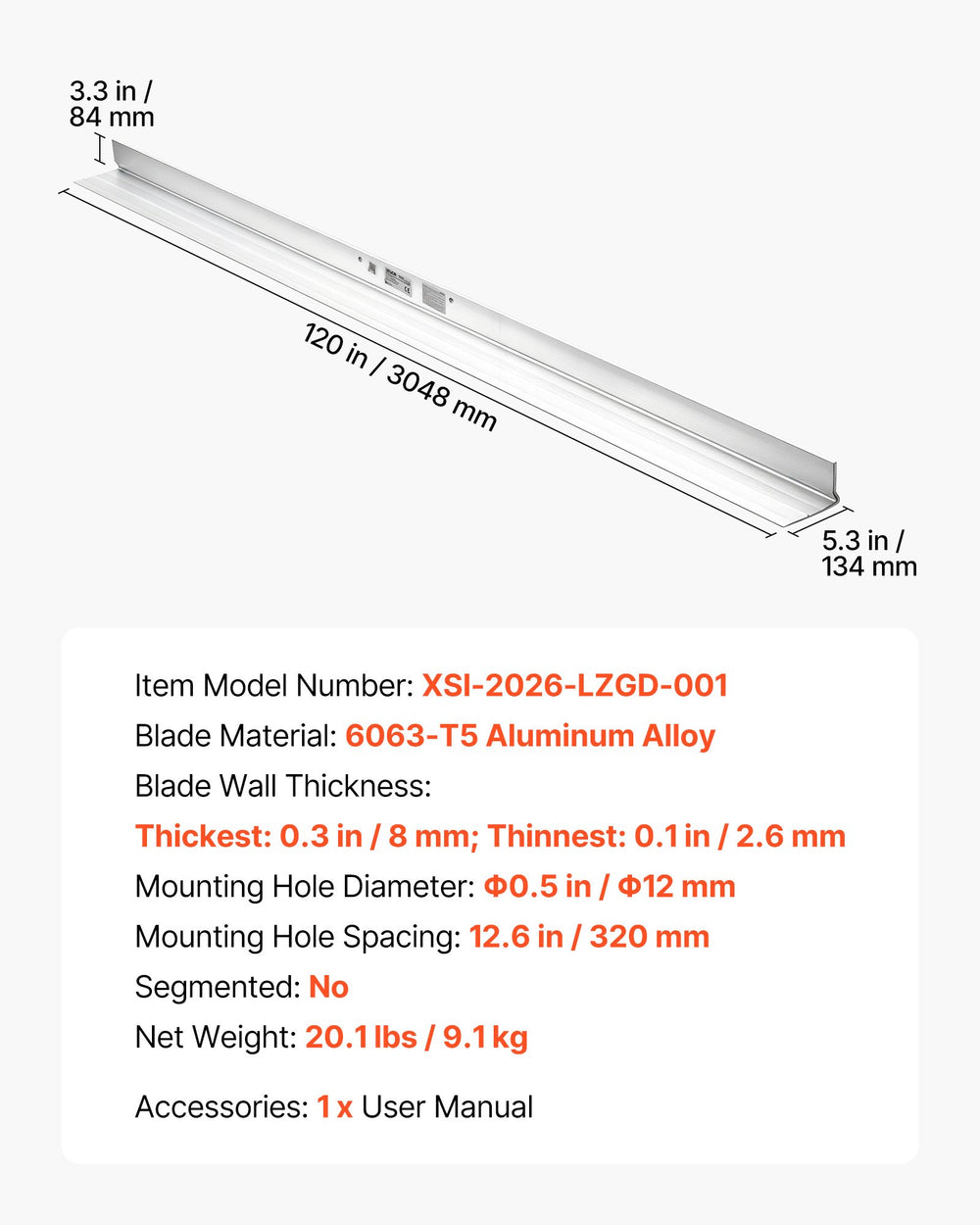 VEVOR Concrete Screed Blade 3048 mm Aluminum Alloy Board Leveling Tool, 5.3 in Wide Straight Edge, Wide Coverage, Replacement Surface Leveler for Driveway, Patio, Sidewalk, Garage Floor Finishing