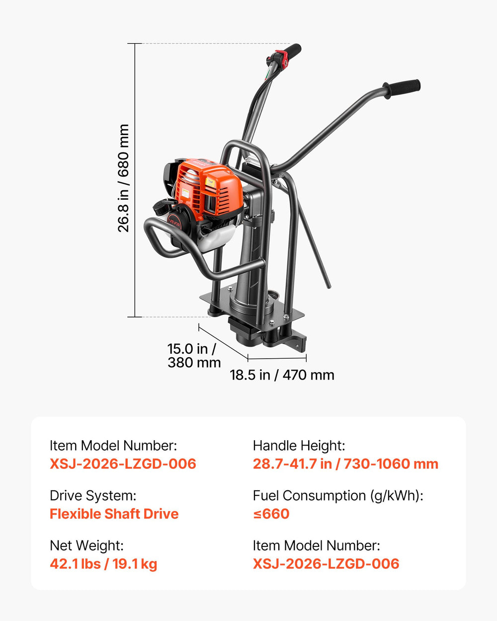 VEVOR Concrete Power Screed Gas-Powered Leveling Machine 1.16HP Engine, 4 Stroke Vibrating Screed, Flexible Shaft Drive, Adjustable Handle, Support Legs for Patio, Driveway, Floor Finishing, Jobsite