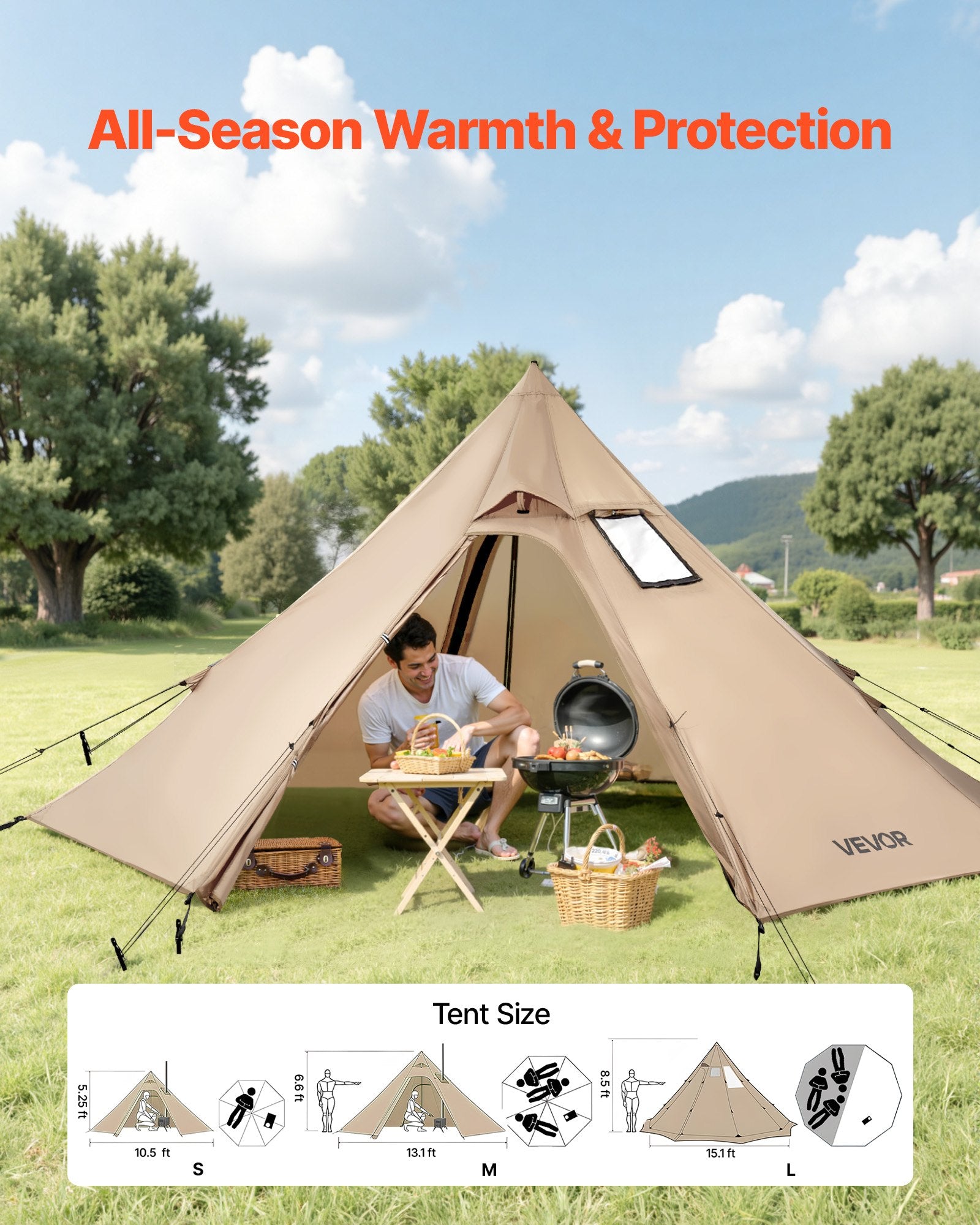 VEVOR Hot Tent for 2 Persons, Portable Winter Tipi Tent with Stove Jack, Waterproof Camping Tents, Lightweight 4 Season Shelter Tents for Hiking Fishing Backpacking, S Size