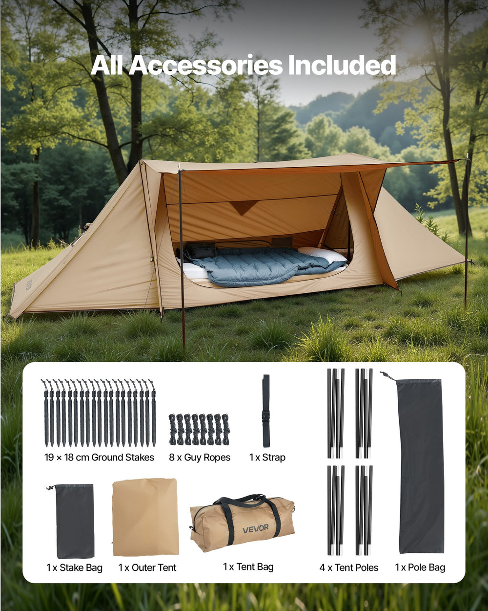 VEVOR Camping Hot Tent, Lightweight Bushcraft Tent with Stove Jack & 2 Tarp Poles, Waterproof Winter Hot Tents Shelters, Portable 4 Season Tents for 2 Persons Hiking Fishing Hunting Backpacking