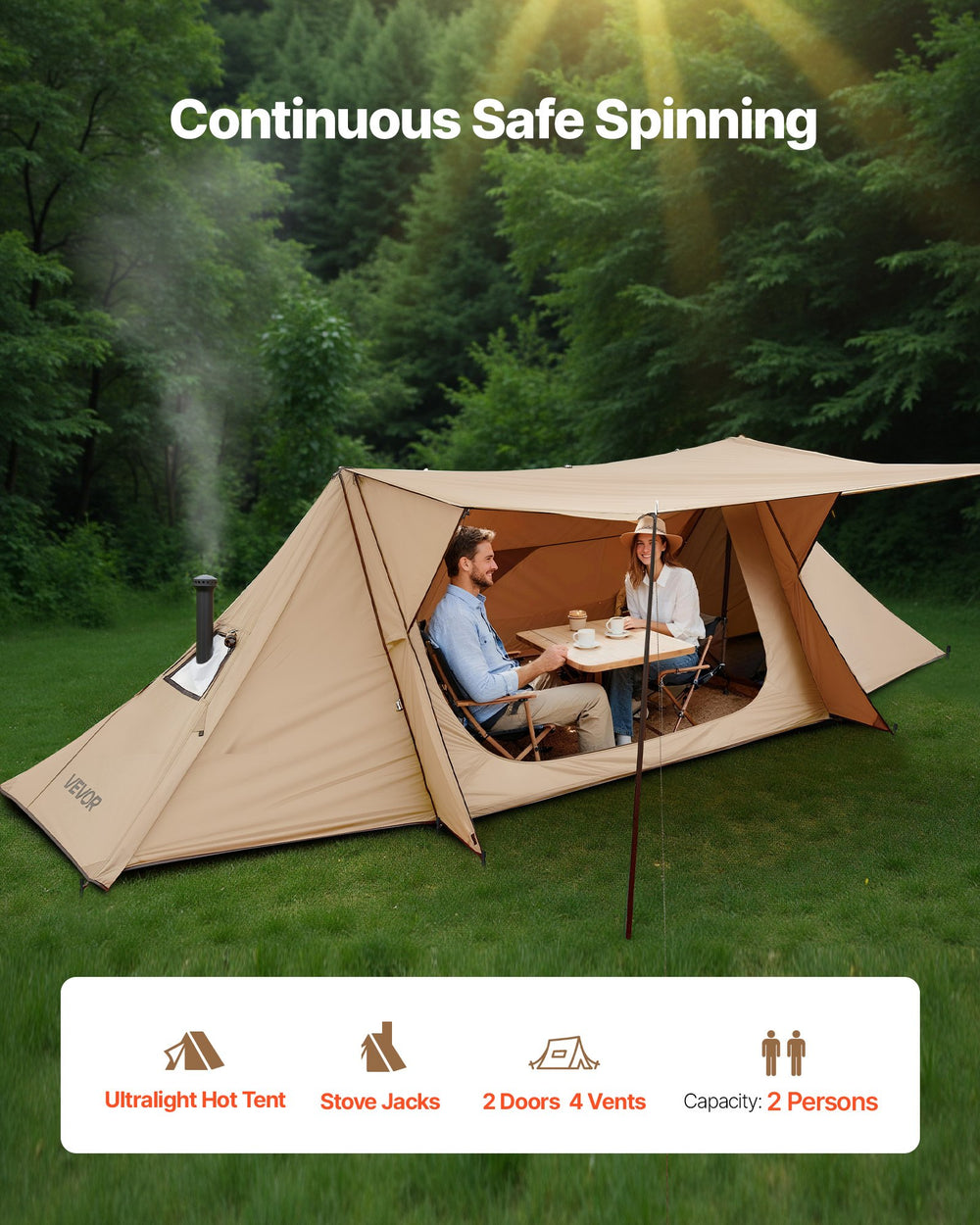 VEVOR Camping Hot Tent, Lightweight Bushcraft Tent with Stove Jack & 2 Tarp Poles, Waterproof Winter Hot Tents Shelters, Portable 4 Season Tents for 2 Persons Hiking Fishing Hunting Backpacking