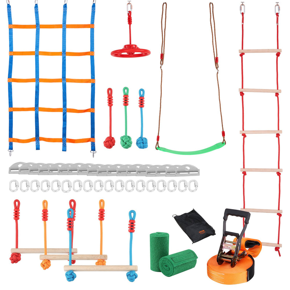VEVOR Ninja Warrior Obstacle Course for Kids, 15.24 m Weatherproof Slacklines, 500lbs Weight Capacity Monkey Line, Outdoor Playset Equipment, Backyard Toys Training Equipment Set with 10 Obstacles
