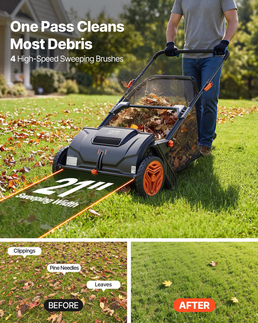 VEVOR Push Lawn Sweeper, 21inch Leaf & Grass Collector, Strong Plastic Wheels & Heavy Duty Thickened Steel Durable to Use with Large Capacity 3.5 cu. ft. Mesh Collection Hopper Bag, 2 Spinning Brushes
