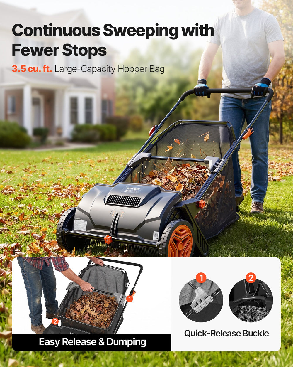 VEVOR Push Lawn Sweeper, 21inch Leaf & Grass Collector, Strong Plastic Wheels & Heavy Duty Thickened Steel Durable to Use with Large Capacity 3.5 cu. ft. Mesh Collection Hopper Bag, 2 Spinning Brushes