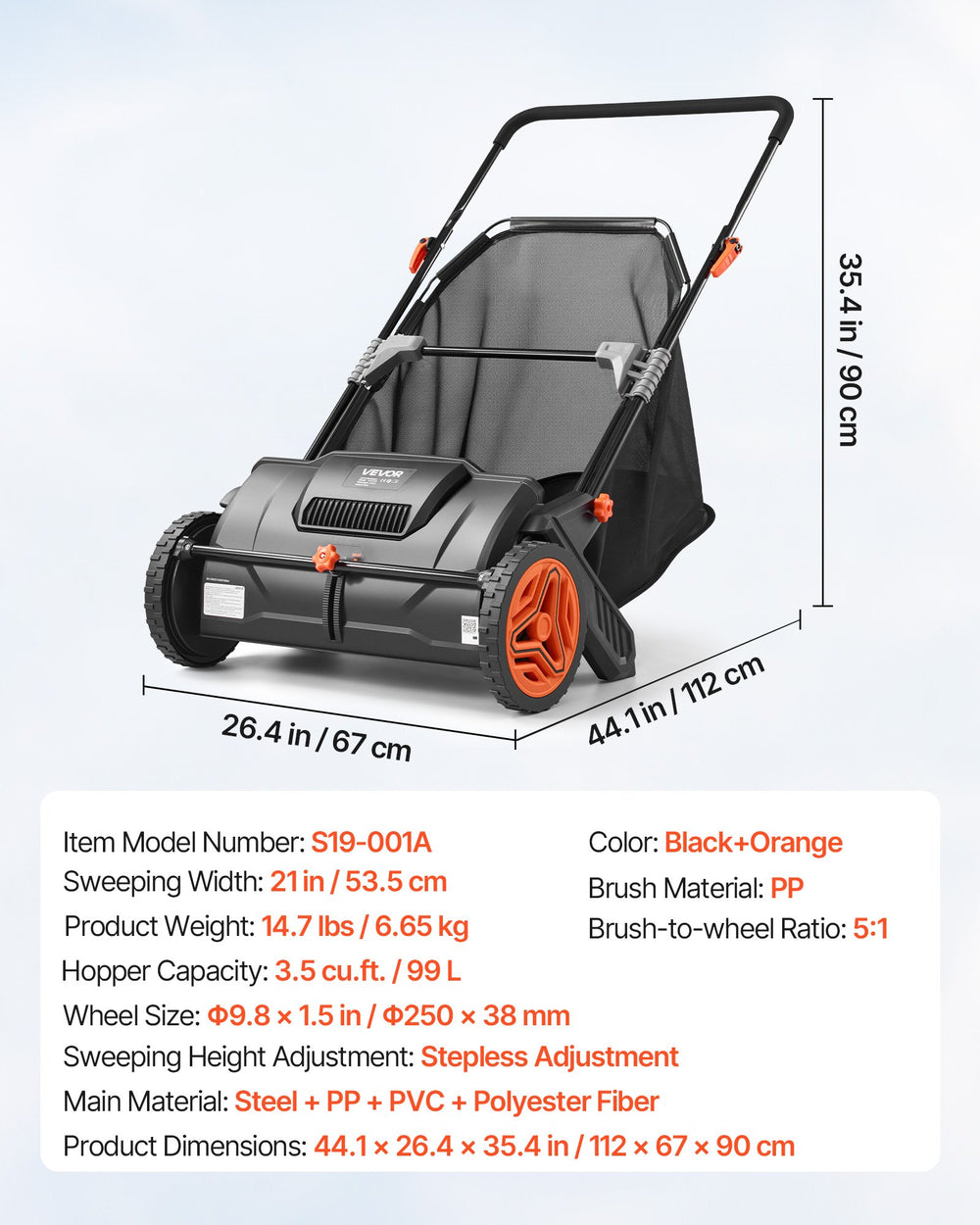 VEVOR Push Lawn Sweeper, 21inch Leaf & Grass Collector, Strong Plastic Wheels & Heavy Duty Thickened Steel Durable to Use with Large Capacity 3.5 cu. ft. Mesh Collection Hopper Bag, 2 Spinning Brushes