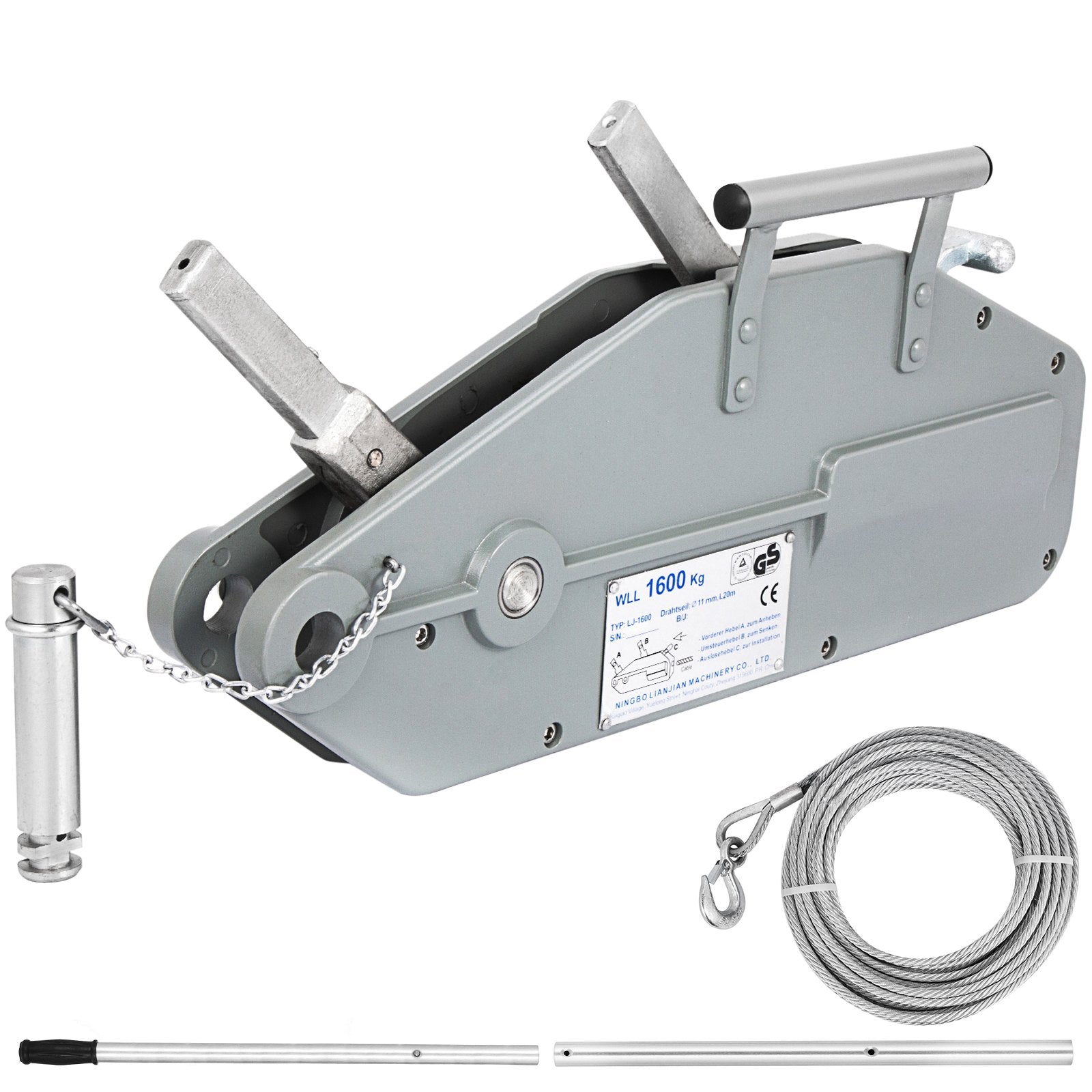 VEVOR Wire Rope Puller 1.6T/1587.6 kg Capacity Hand Winch Rope 2499.4 cm Grip Puller Manual Wire Rope Puller Heavy Duty Wire Rope Grip Puller Hoist Pulling Towing Equipment for Indoor and Outdoor Use