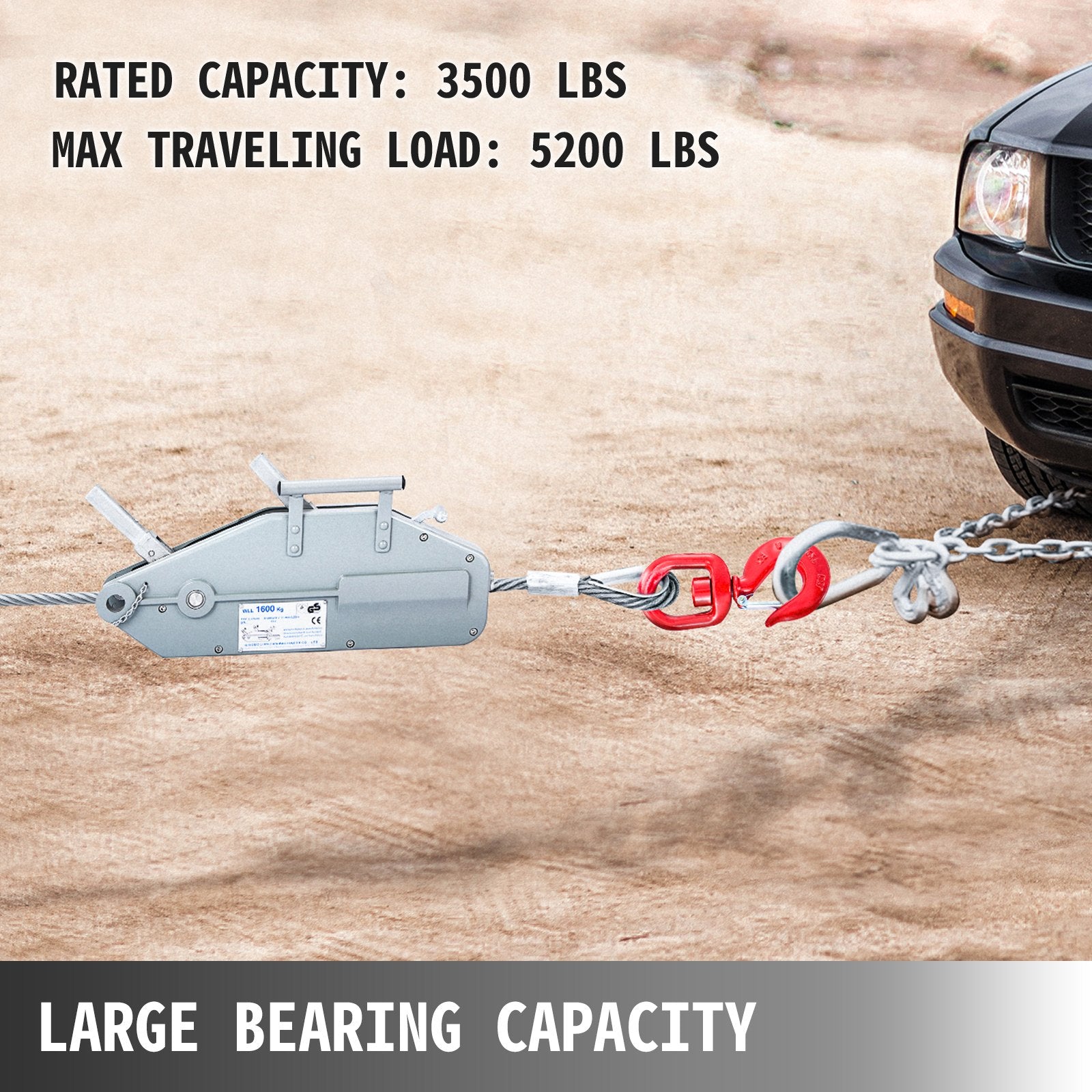 VEVOR Wire Rope Puller 1.6T/1587.6 kg Capacity Hand Winch Rope 2499.4 cm Grip Puller Manual Wire Rope Puller Heavy Duty Wire Rope Grip Puller Hoist Pulling Towing Equipment for Indoor and Outdoor Use