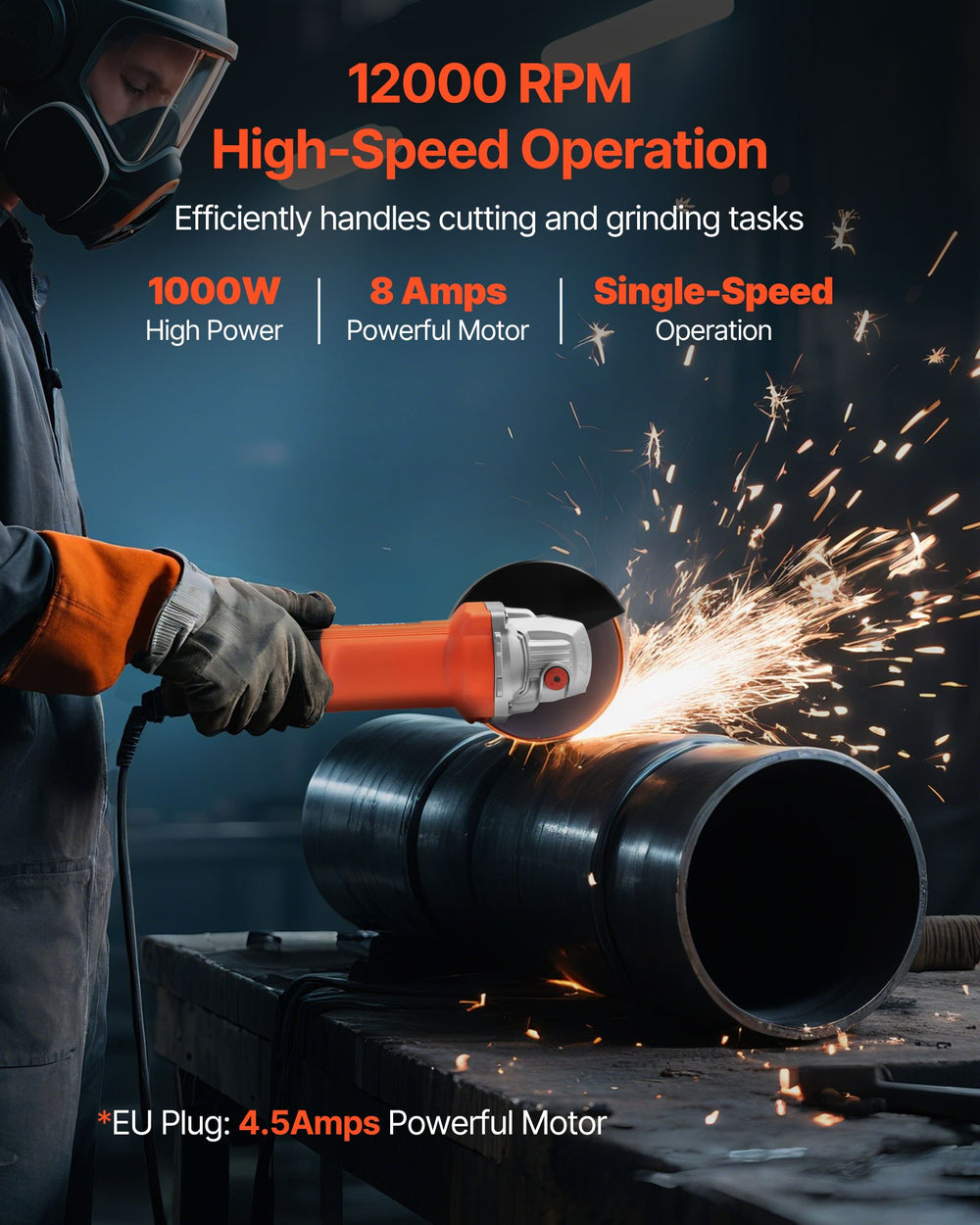 VEVOR Angle Grinder, 114.3mm Electric Grinder Power Tool, 4.5Amps 12000RPM High-Speed Corded Angle Grinders with Adjustable Dust Guard for Metal Grinding, Cutting, Rust Removal (Disc Not Included)