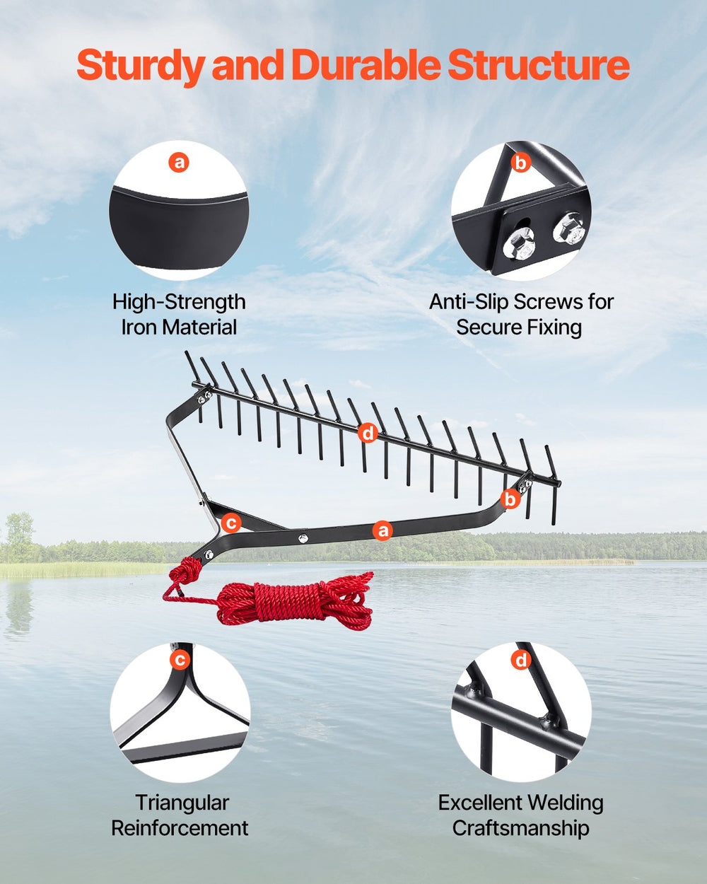 VEVOR 32 in Aquatic Weed Rake, 6.3 in Double Sided Lake Weed Rake, Lightweight  Pond Weeds Cutter with 30ft Rope, No Assembly Required, Muck Lilypad Clearing Tool for Pond, Lake, Rivulet