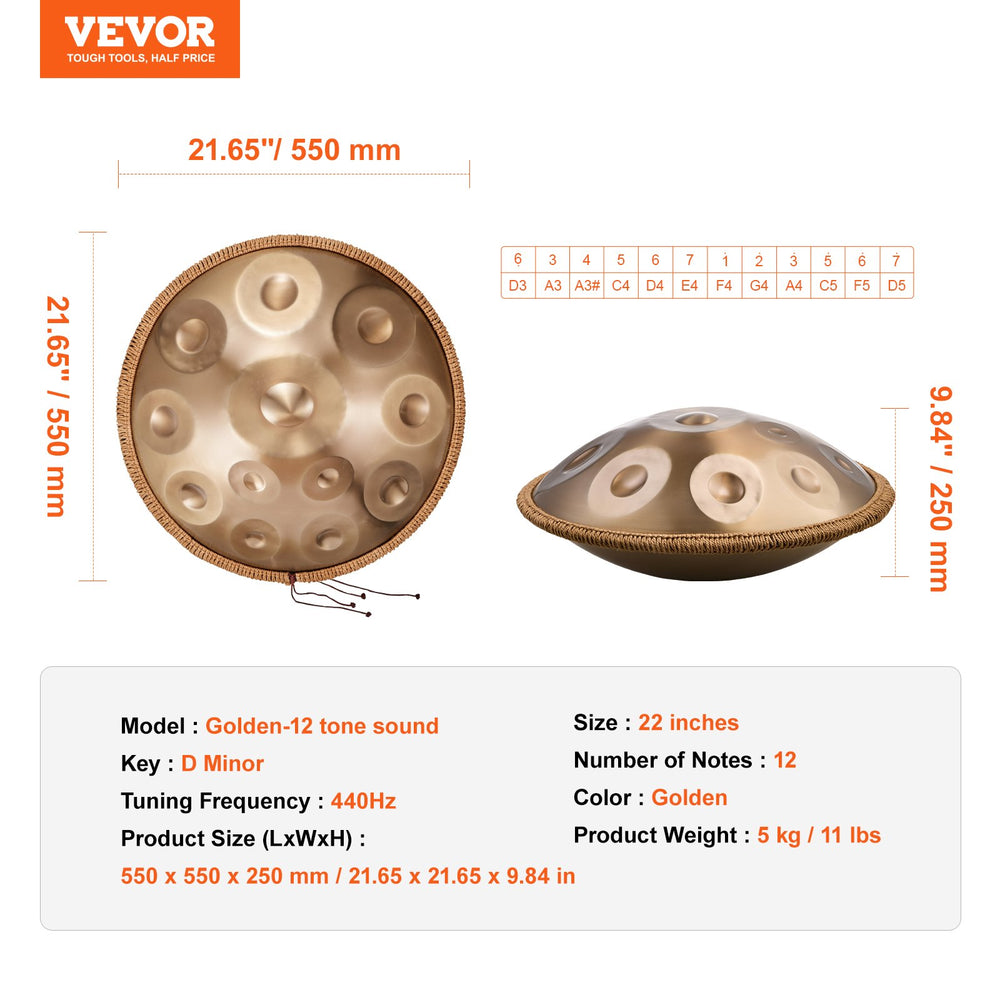VEVOR Handpan Drum 55.9 cm 12 Notes D Minor Hand Drum Instrument with Mallet