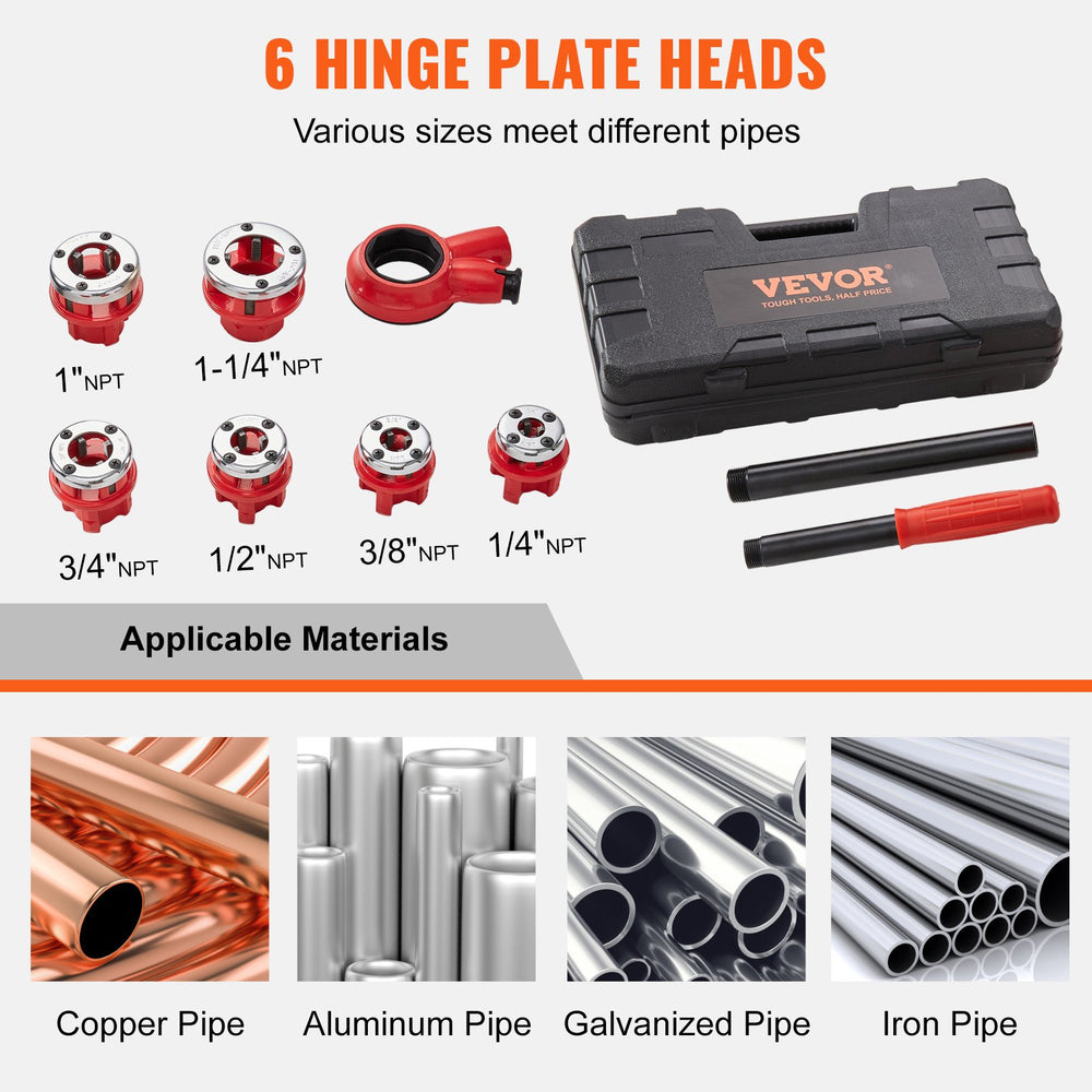 VEVOR Ratchet Pipe Threader Kit, 6.4mm NPT - 32mm NPT Manual Ratcheting Pipe Threader, Portable Pipe Threading Tool Set with 6PCS NPT Dies, Storage Case for Galvanized Aluminum Iron Copper Pipes