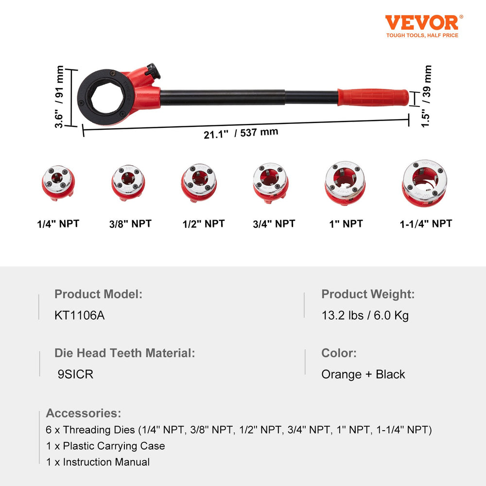 VEVOR Ratchet Pipe Threader Kit, 6.4mm NPT - 32mm NPT Manual Ratcheting Pipe Threader, Portable Pipe Threading Tool Set with 6PCS NPT Dies, Storage Case for Galvanized Aluminum Iron Copper Pipes