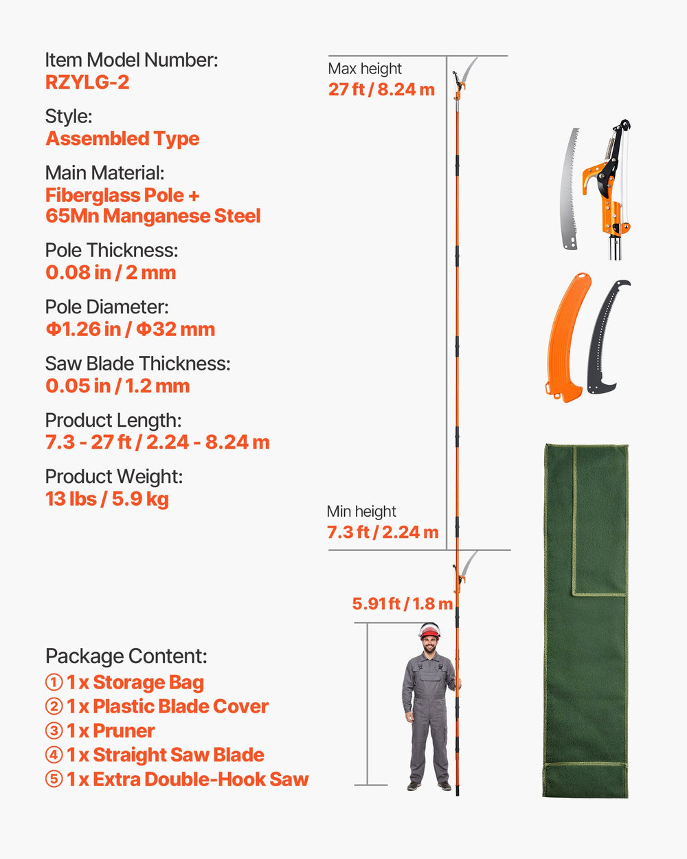 VEVOR Manual Pole Saw, 2.2-8.2 m Extendable Tree Pruner, Sharp Steel Blade and Scissors High Branches Trimming, Branch Trimmer with Lightweight 2.4 m Fiberglass Handles, for Pruning Palms and Shrubs