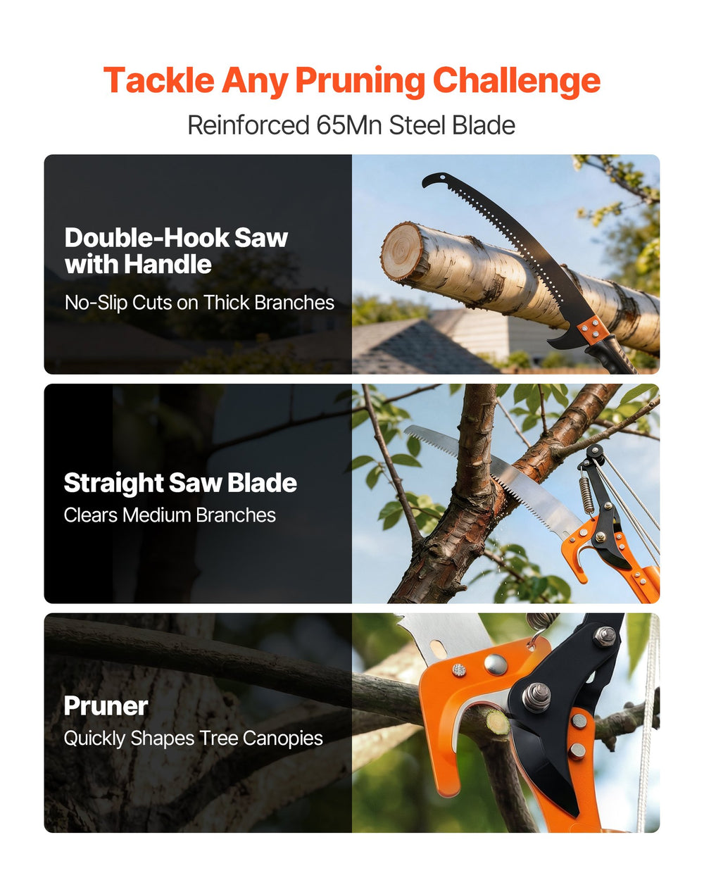 VEVOR Manual Pole Saw, 2.2-8.2 m Extendable Tree Pruner, Sharp Steel Blade and Scissors High Branches Trimming, Branch Trimmer with Lightweight 2.4 m Fiberglass Handles, for Pruning Palms and Shrubs