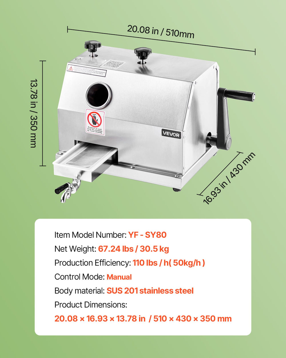 VEVOR Commercial Sugar Cane Juicer Machine 50 kg/h Output 3 Rollers 62 mm Inlet