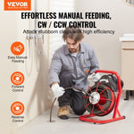 VEVOR Drain Cleaner Machine 75FT x 1/2 Inch, Sewer Snake Auger Manual Feed, 370W Electric Drain Cleaning Machine with 4 Cutters & Air-activated Foot Switch for 2" to 4" Pipes