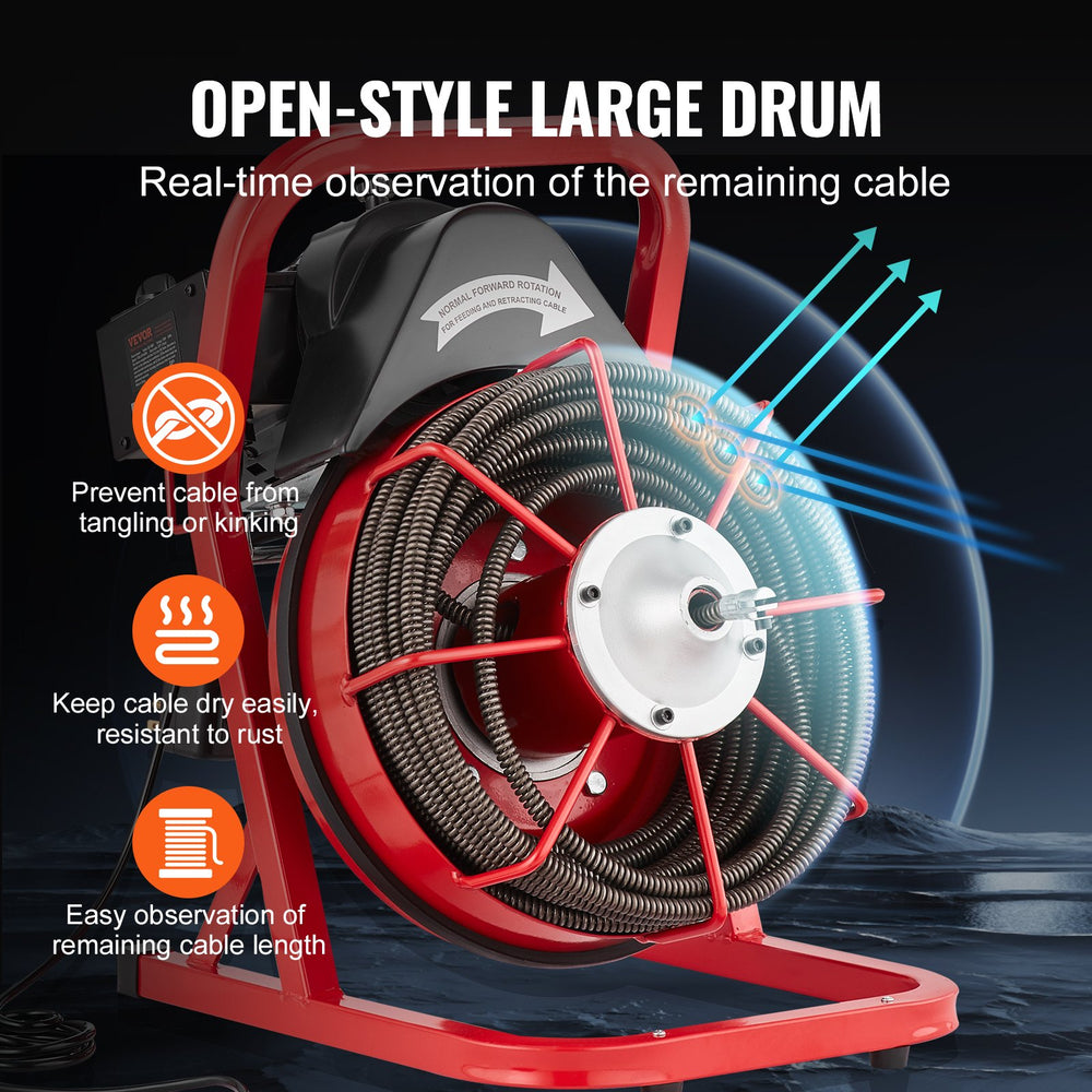 VEVOR Drain Cleaner Machine 75FT x 1/2 Inch, Sewer Snake Auger Manual Feed, 370W Electric Drain Cleaning Machine with 4 Cutters & Air-activated Foot Switch for 2" to 4" Pipes