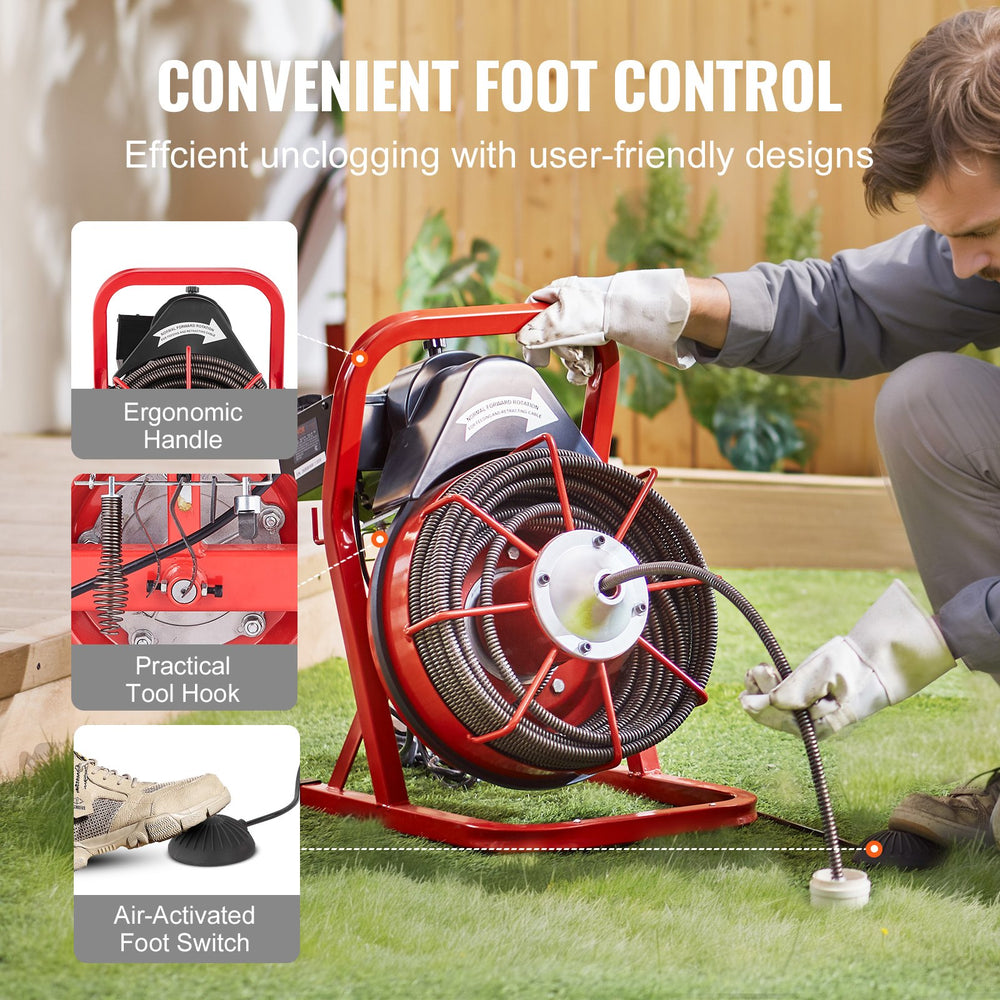 VEVOR Drain Cleaner Machine 75FT x 1/2 Inch, Sewer Snake Auger Manual Feed, 370W Electric Drain Cleaning Machine with 4 Cutters & Air-activated Foot Switch for 2" to 4" Pipes