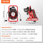 VEVOR Drain Cleaner Machine 75FT x 1/2 Inch, Sewer Snake Auger Manual Feed, 370W Electric Drain Cleaning Machine with 4 Cutters & Air-activated Foot Switch for 2" to 4" Pipes