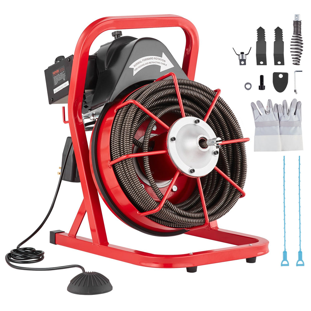 VEVOR Drain Cleaner Machine 75FT x 1/2 Inch, Sewer Snake Auger Manual Feed, 370W Electric Drain Cleaning Machine with 4 Cutters & Air-activated Foot Switch for 2" to 4" Pipes