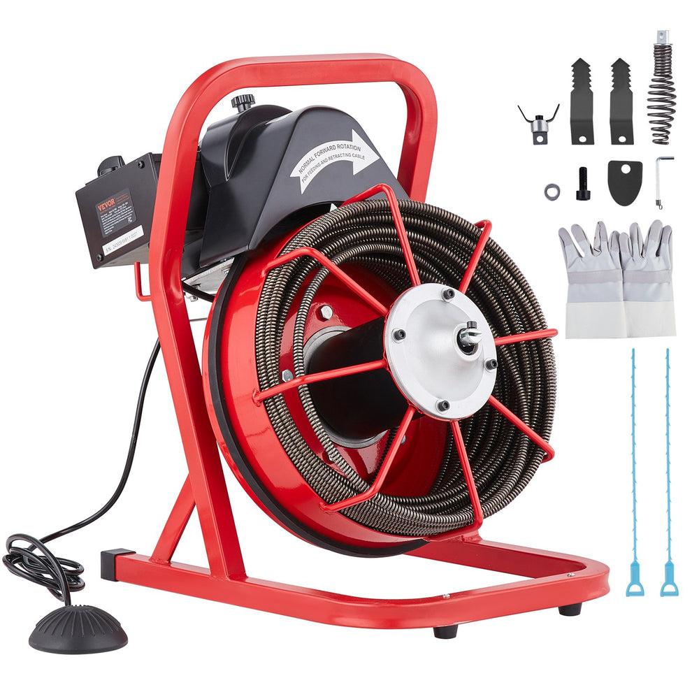 VEVOR Drain Cleaner Machine Drain Auger 2286 cm x 9.5 mm Manual Feed & 4 Cutters