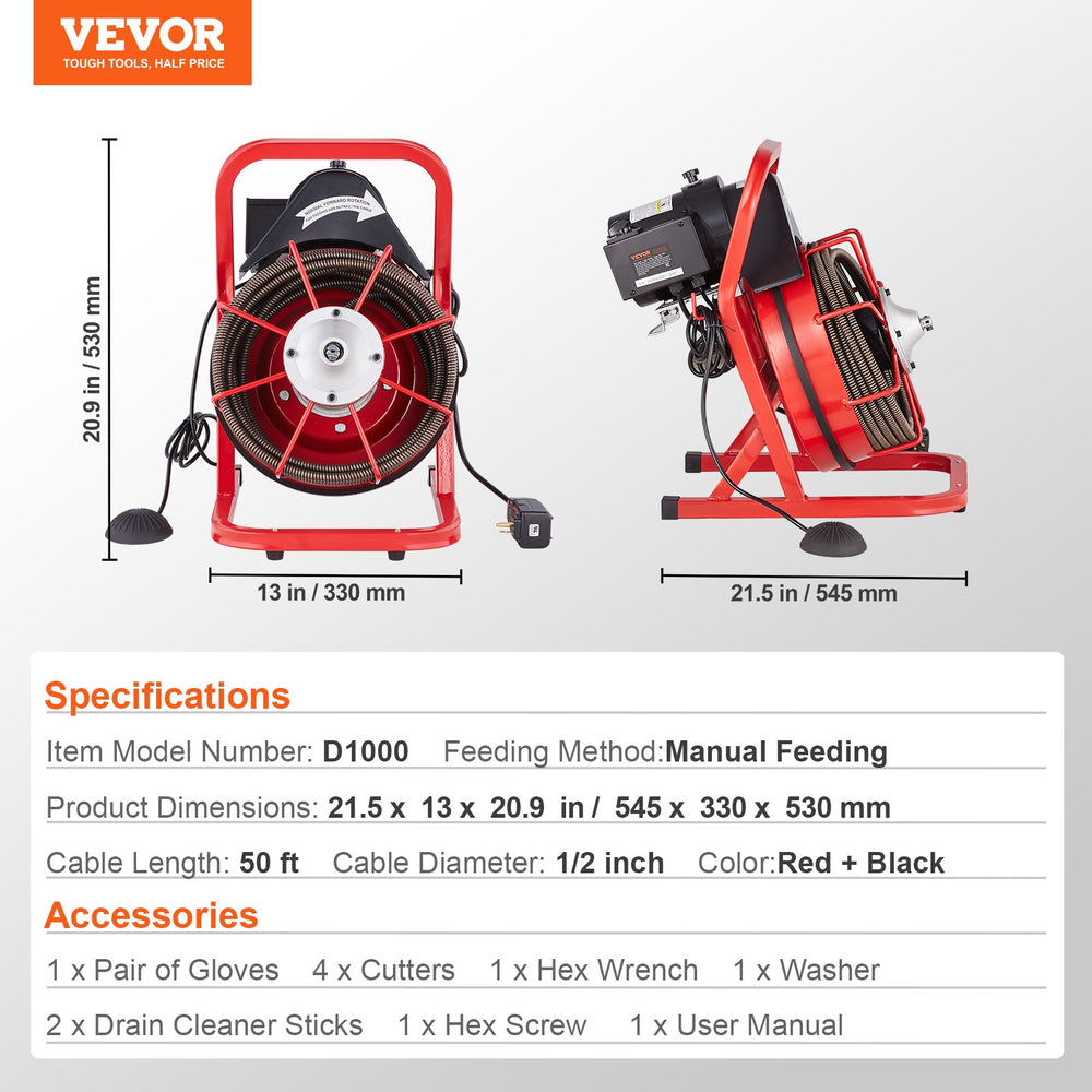 VEVOR Drain Cleaner Machine 50FT x 1/2 Inch, Sewer Snake Auger Manual Feed, 250W Electric Drain Cleaning Machine with 4 Cutters & Air-activated Foot Switch for 2" to 4" Pipes