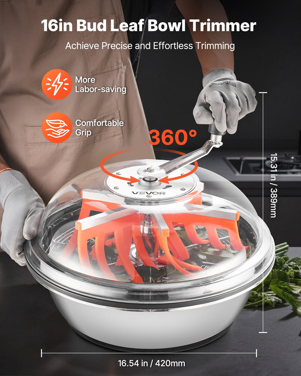 VEVOR Bud Leaf Bowl Trimmer, 420 mm Manual Bud Trimmer, with Sharp Stainless Steel Blades, Visual Cutting, Wet & Dry Hydroponic Cutting Machine, Twisted Spin Cut for Plants Leaves Buds Flowers