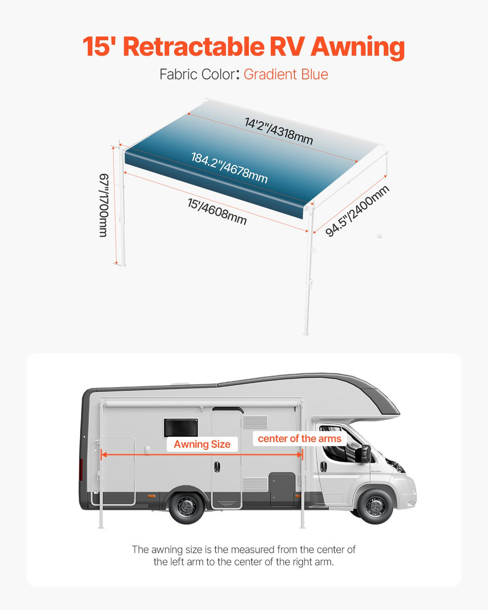 VEVOR Manual RV Awning Complete Kit, 15' Retractable Awning with Aluminum Alloy Frame, Outdoor Trailer Awning, Fit for Most RVs(Blue Fade)