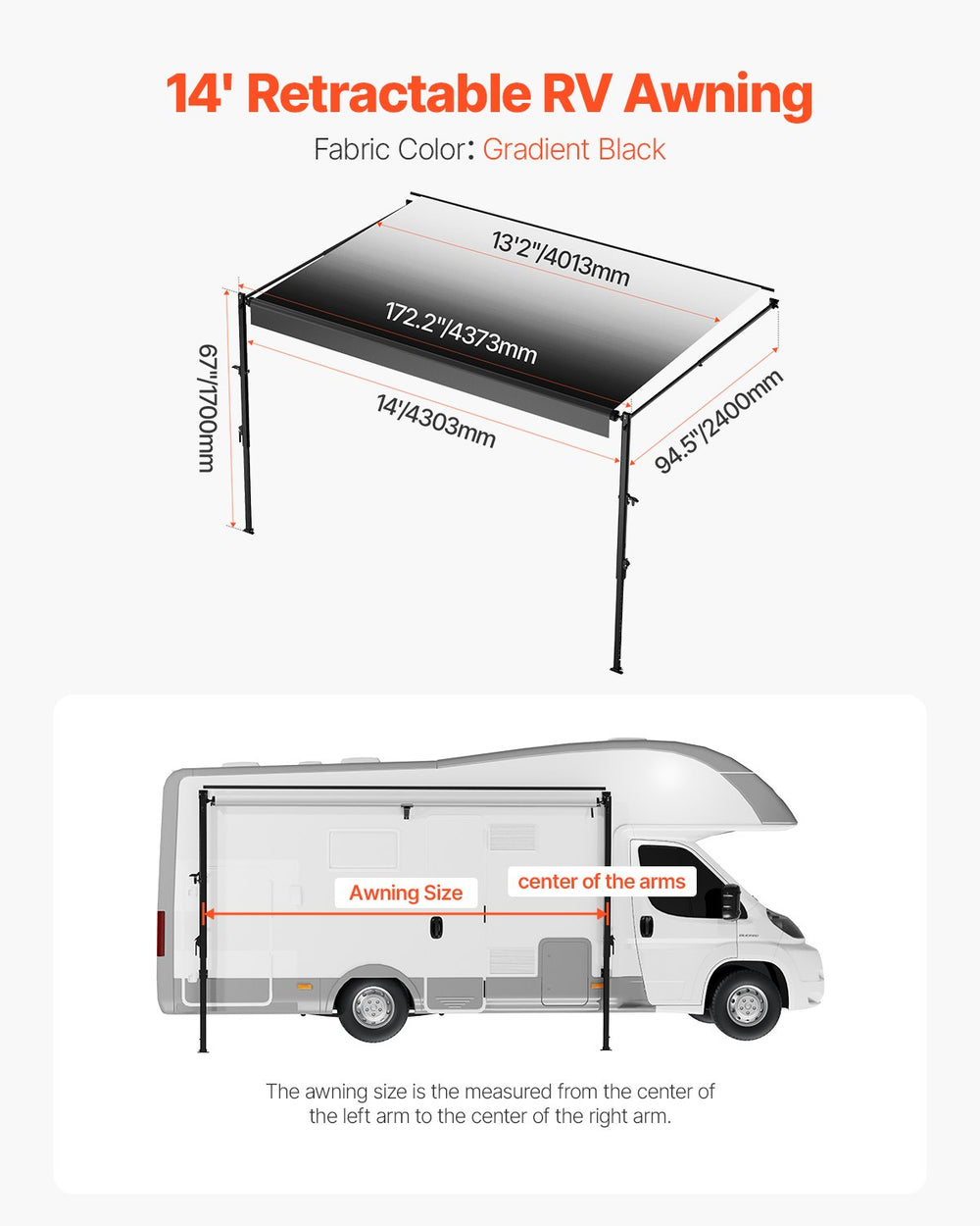 VEVOR Manual RV Awning Complete Kit, 14' Retractable Awning with Aluminum Alloy Frame, Outdoor Trailer Awning, Fit for Most RVs(Black Fade)