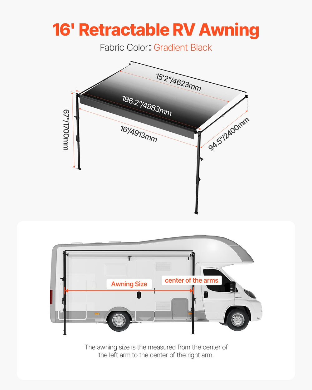 VEVOR Manual RV Awning Complete Kit, 16' Retractable Awning with Aluminum Alloy Frame, Outdoor Trailer Awning, Fit for Most RVs(Black Fade)