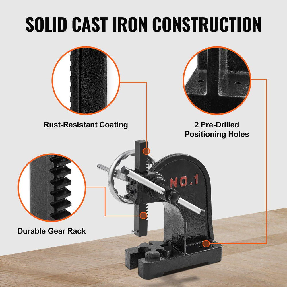VEVOR Arbor Press, 1 Ton Manual with Handwheel, 5.9" Max Height, Durable Cast Iron Construction, Desktop Manual Press for Stamping, Bending, Stretching, Forming Tasks
