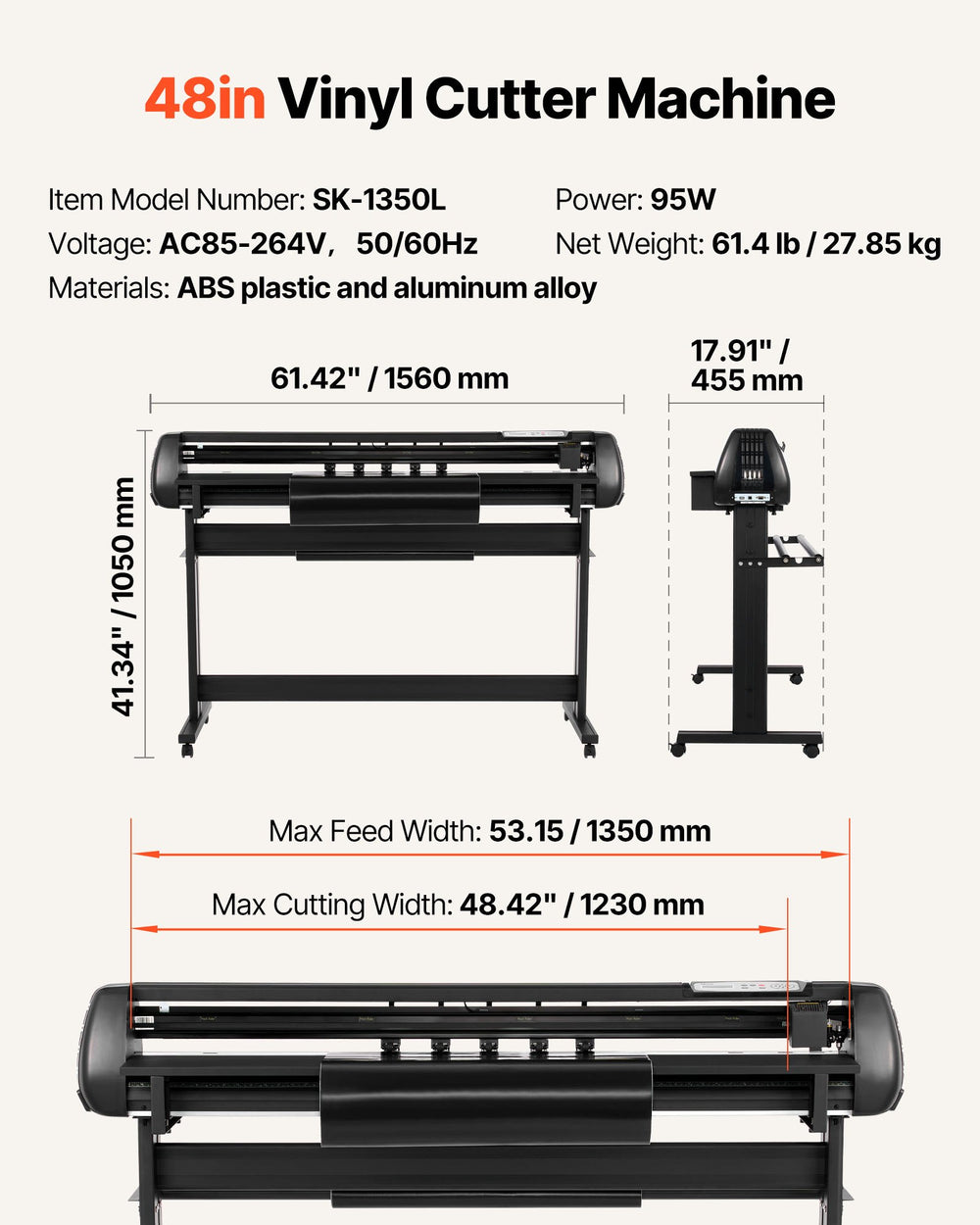 VEVOR Vinyl Cutter Machine, 1350 mm Max Feed Width, Dual Blades, Adjustable Force and Speed, LED Display, Vinyl Plotter Cutter Printer with Signmaster Software for Compatible with Windows and macOS