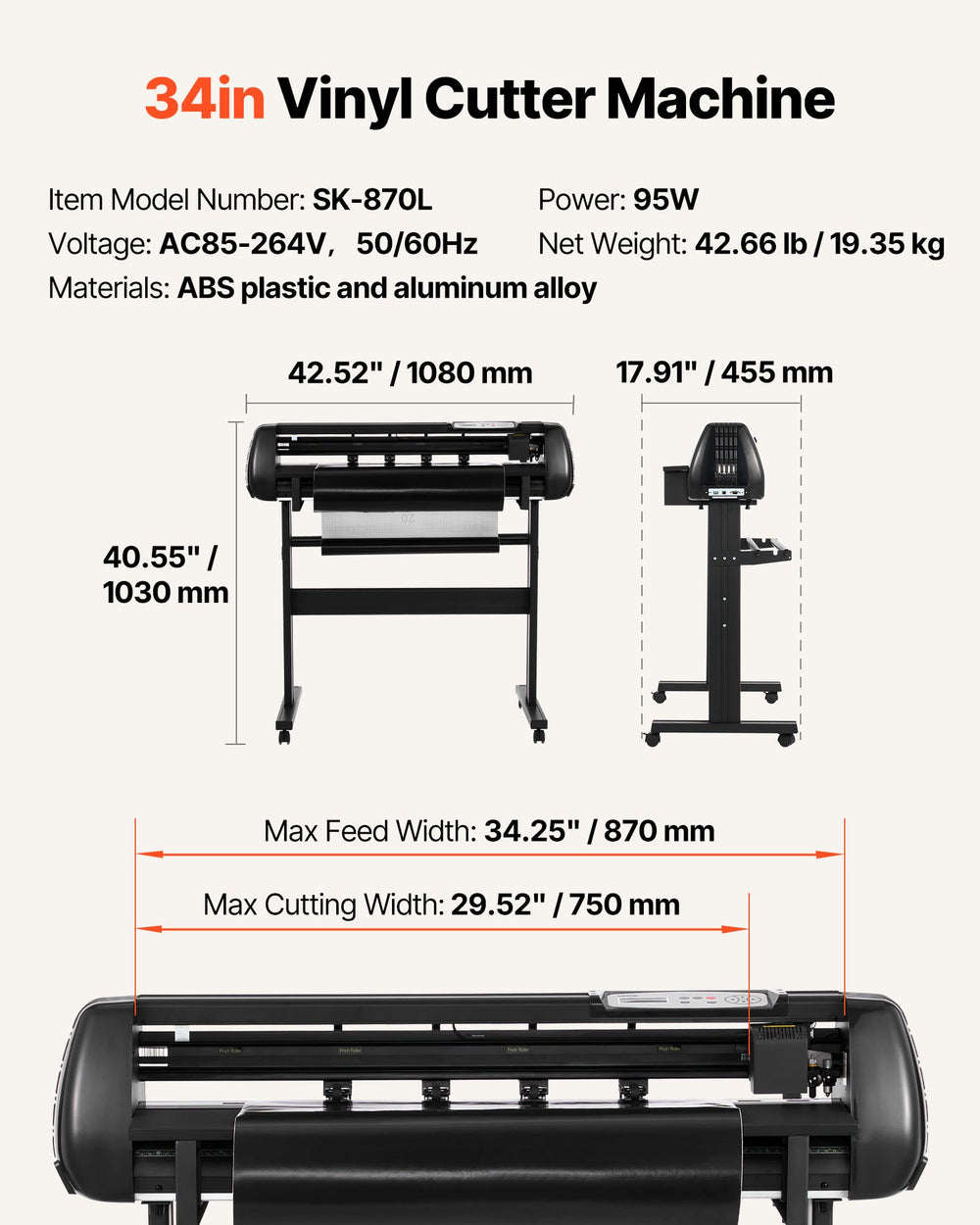 VEVOR Vinyl Cutter Machine, 870 mm Max Feed Width, Dual Blades, Adjustable Force and Speed, LED Display, Vinyl Plotter Cutter Printer Bundle with Sticker Sheets, Transfer Film, Signmaster Software