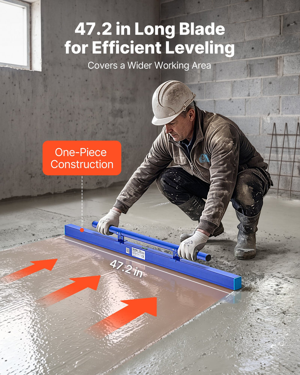 VEVOR Concrete Screed 1200 mm Manual Screed Board Aluminum Alloy Blue, Built-in Bubble Level, Powder-coated Finish, Lightweight Paver Leveling Tool for Patio, Sidewalk, Garage Floor Finishing